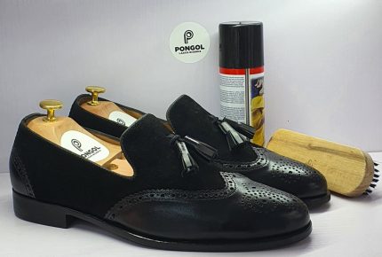 Pongol Bespoke Suede/Leather Full Brogue Tassel Loafers - Black