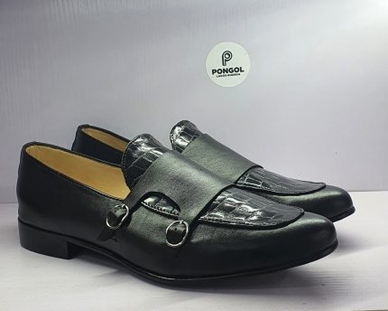 Pongol Bespoke Croc Skin Double Monk-Strap Shoe - Black
